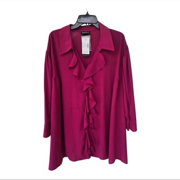 Maggie Barnes Tops - New Maggie Barnes Blouse Sz 5X Red Plus Ruffle Front Long Sleeve
